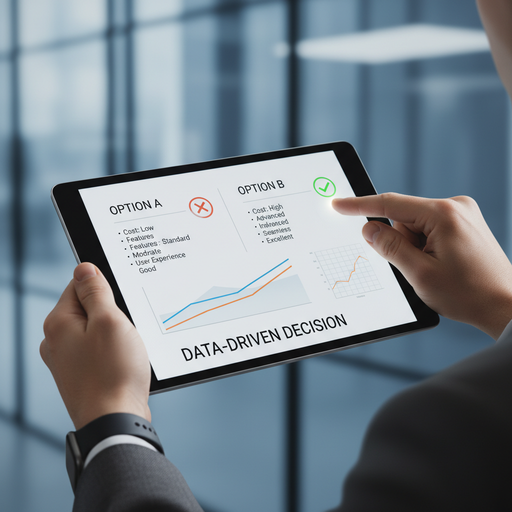 データに基づいた意思決定のイメージ。タブレットでオプションAとオプションBを比較検討し、オプションBを選択している様子。