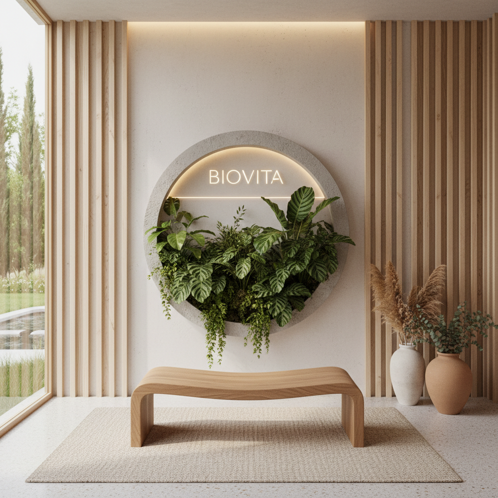 植物で装飾された壁と木のベンチがある、自然光が差し込むモダンな空間。