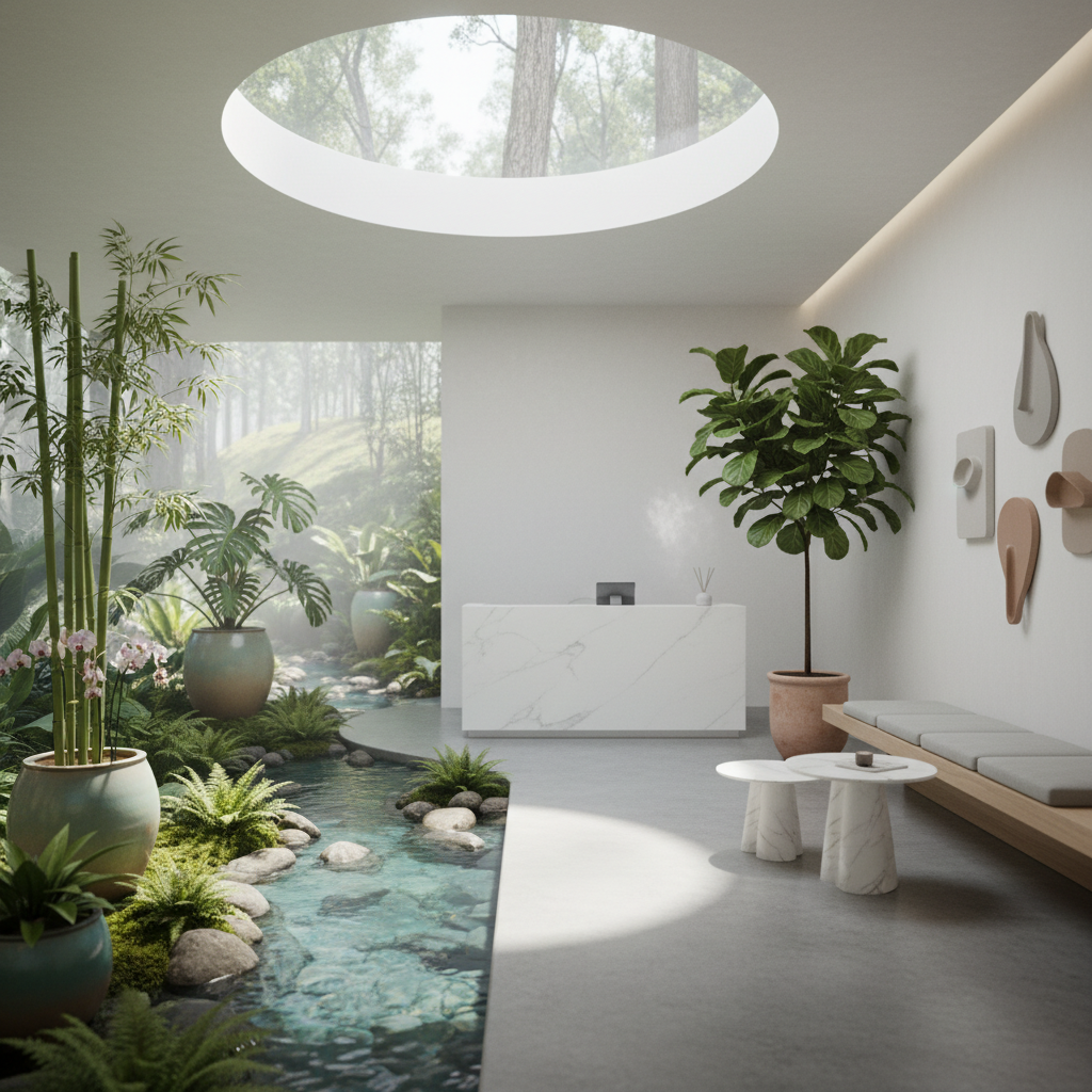 自然光が差し込む、屋内庭園のあるモダンな受付スペース。水辺の風景と洗練されたインテリアが調和している。