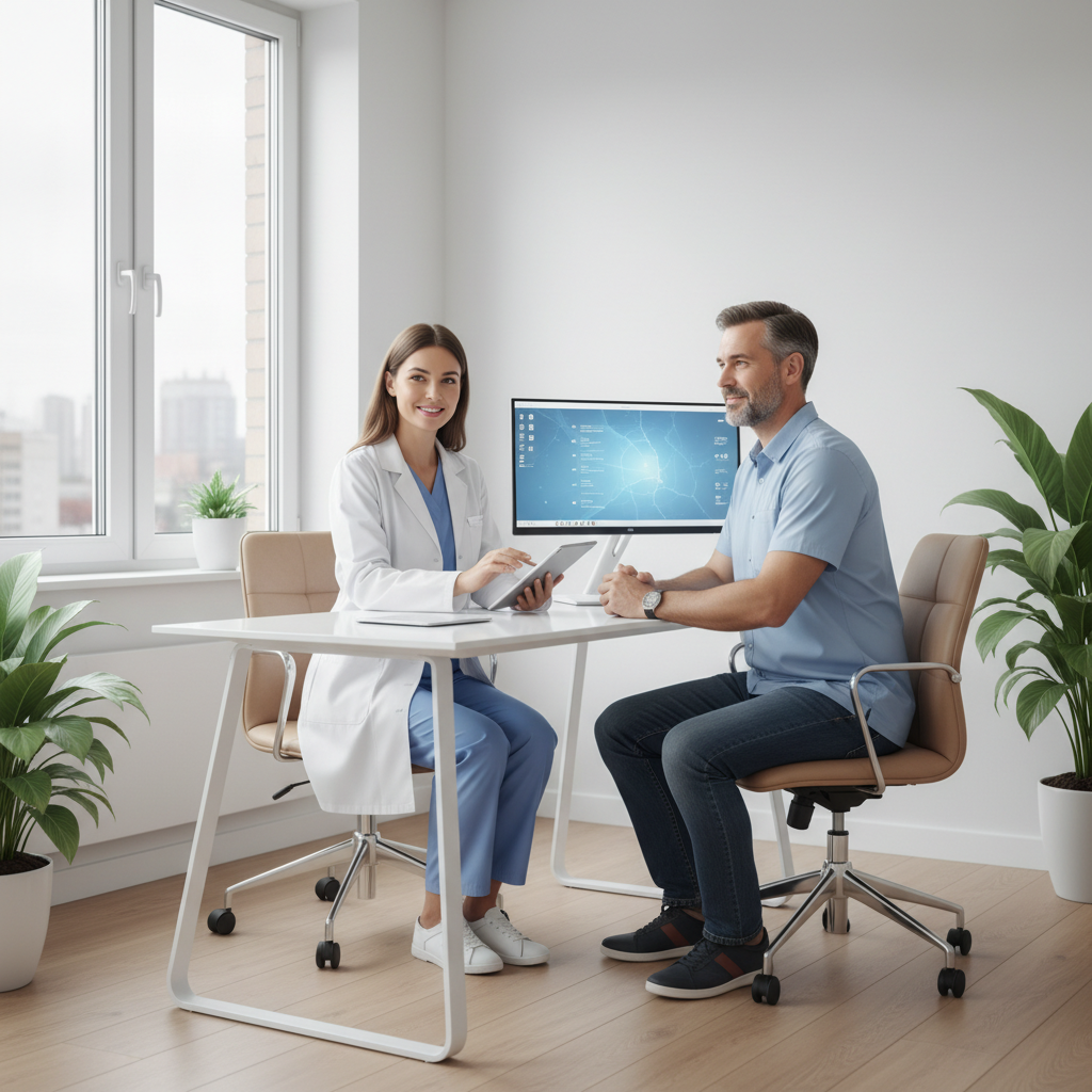 医師が患者にタブレットで説明をしている様子。診察室は明るく清潔感がある。