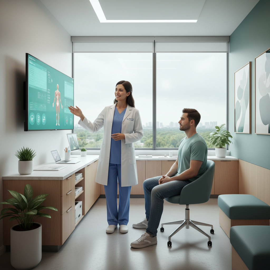 病院の診察室で、医師がモニターを見ながら患者に説明をしている様子。