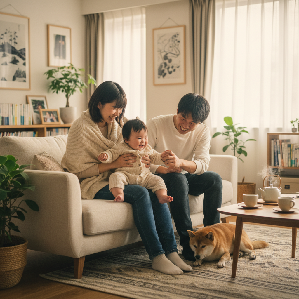 リビングのソファで両親と赤ちゃんと犬がくつろいでいる、幸せな家族のイメージ。