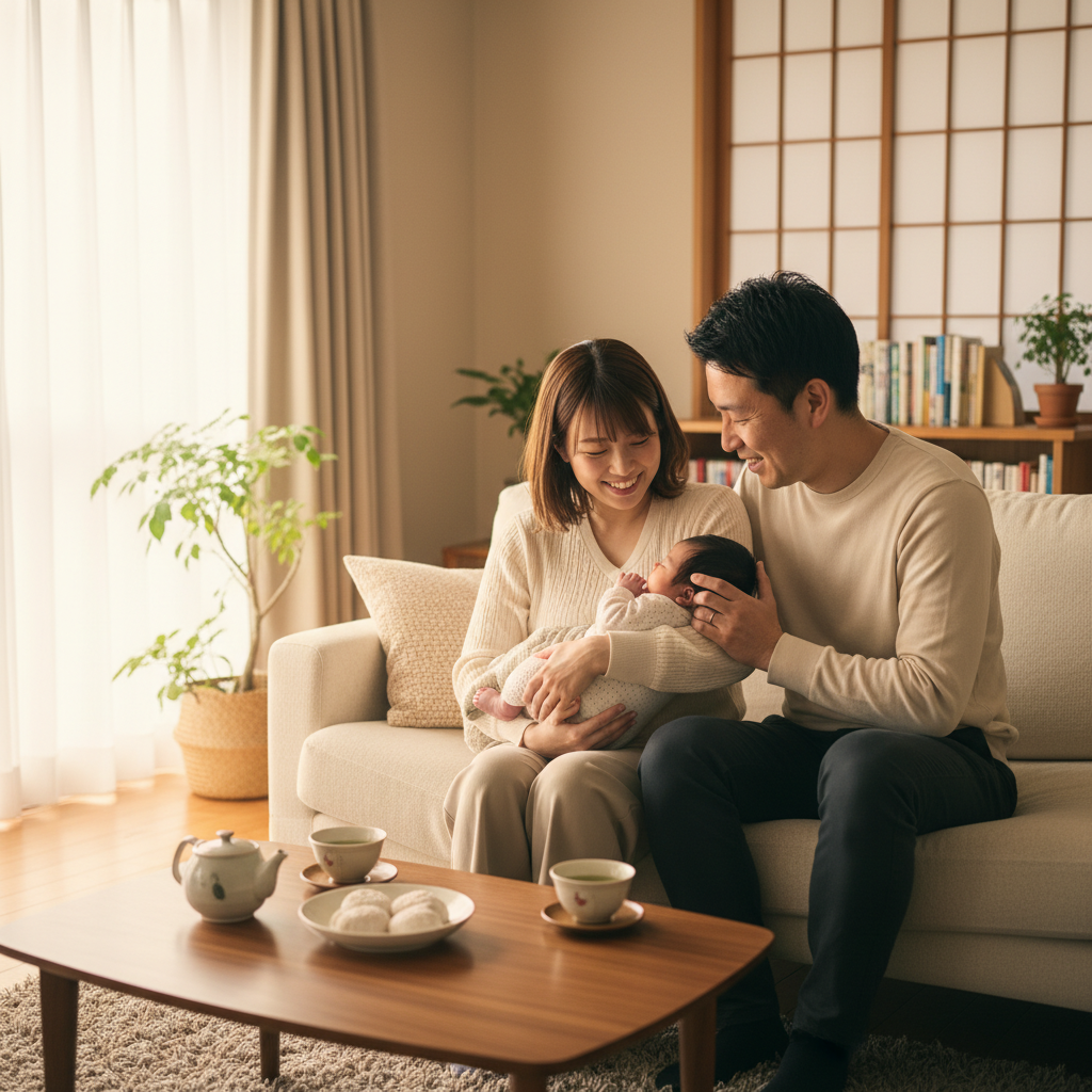 畳のある和室で、夫婦が生まれたばかりの赤ちゃんを抱きかかえ、穏やかな笑顔で見つめ合っている様子。