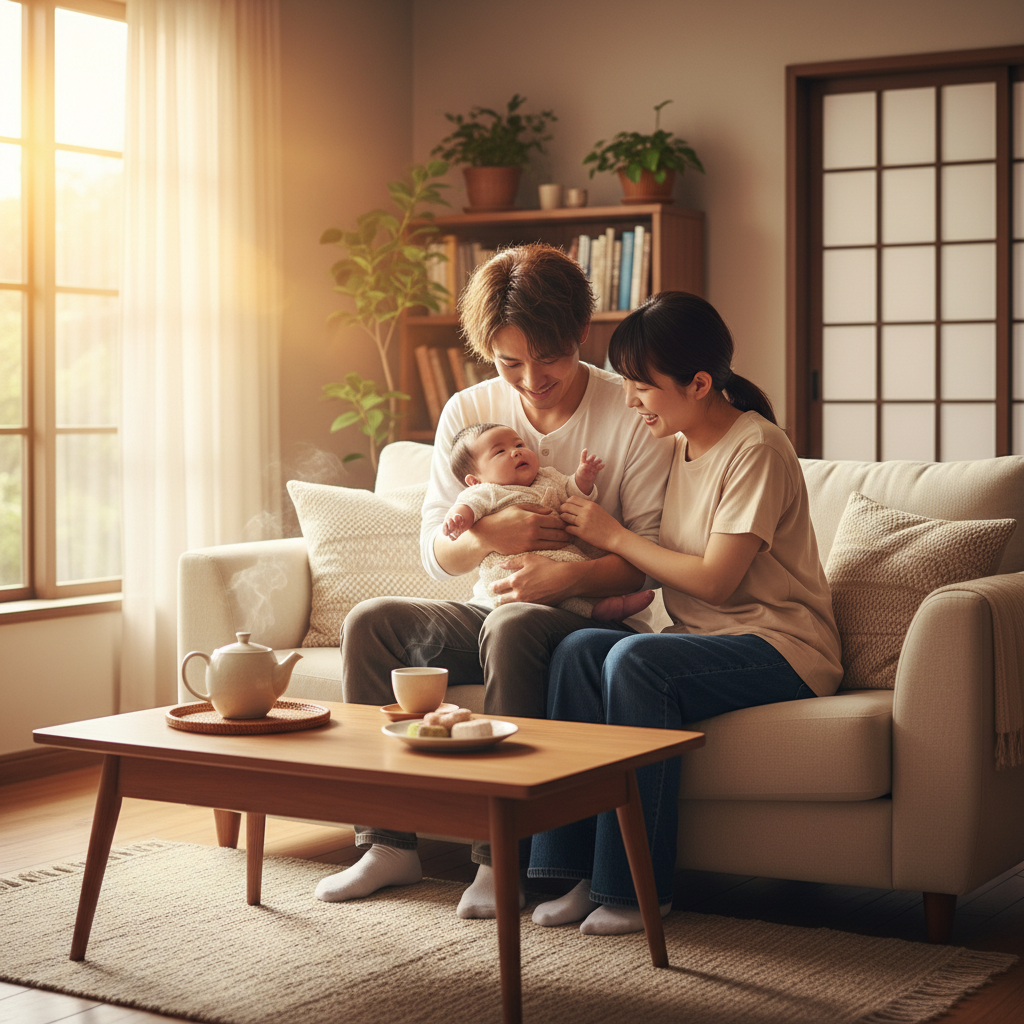 リビングで赤ちゃんを抱っこする若い夫婦の幸せそうな様子。穏やかな日差しが差し込み、温かいお茶とお菓子が用意されている。