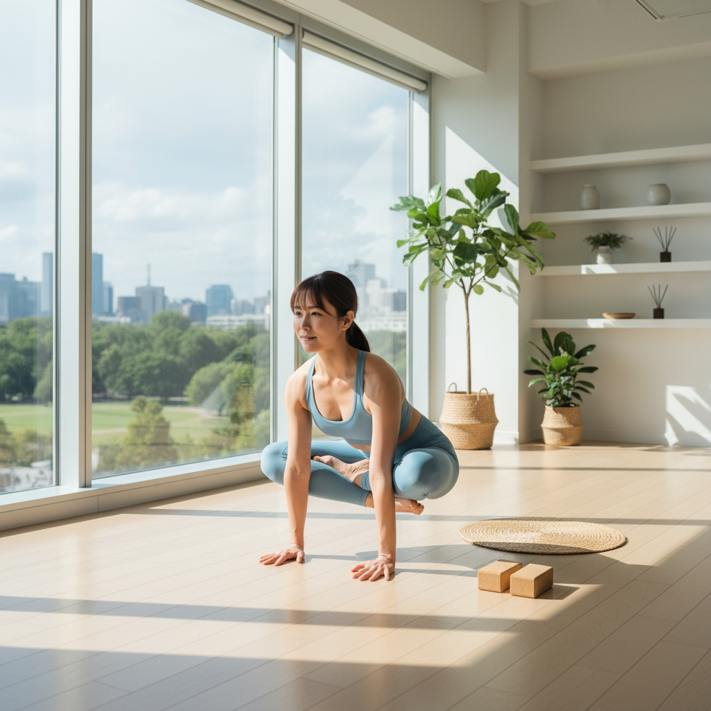 明るい部屋で女性がヨガのポーズ（カラスのポーズ）をとっている写真。背景には窓があり、公園と都市の景色が広がっている。
