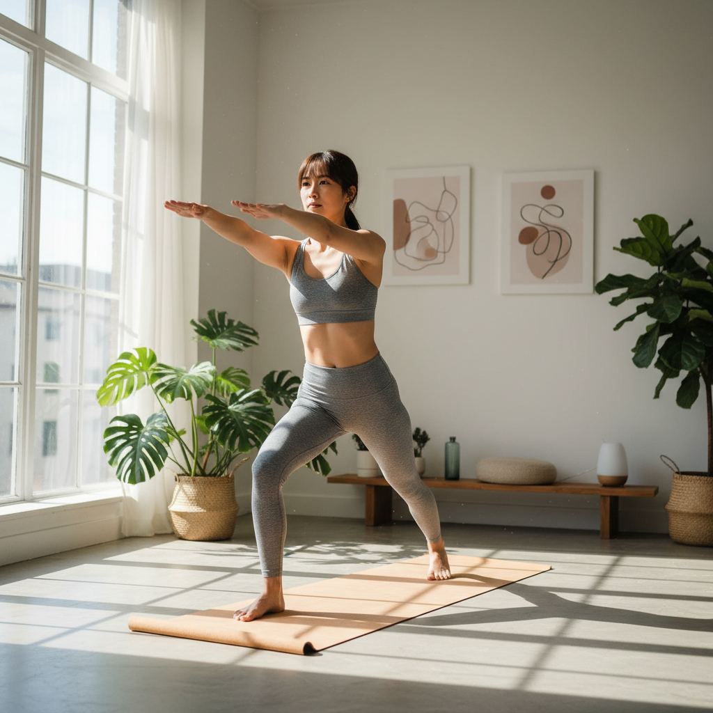 明るい室内でヨガの戦士のポーズをとる女性。健康的なライフスタイルを表現。