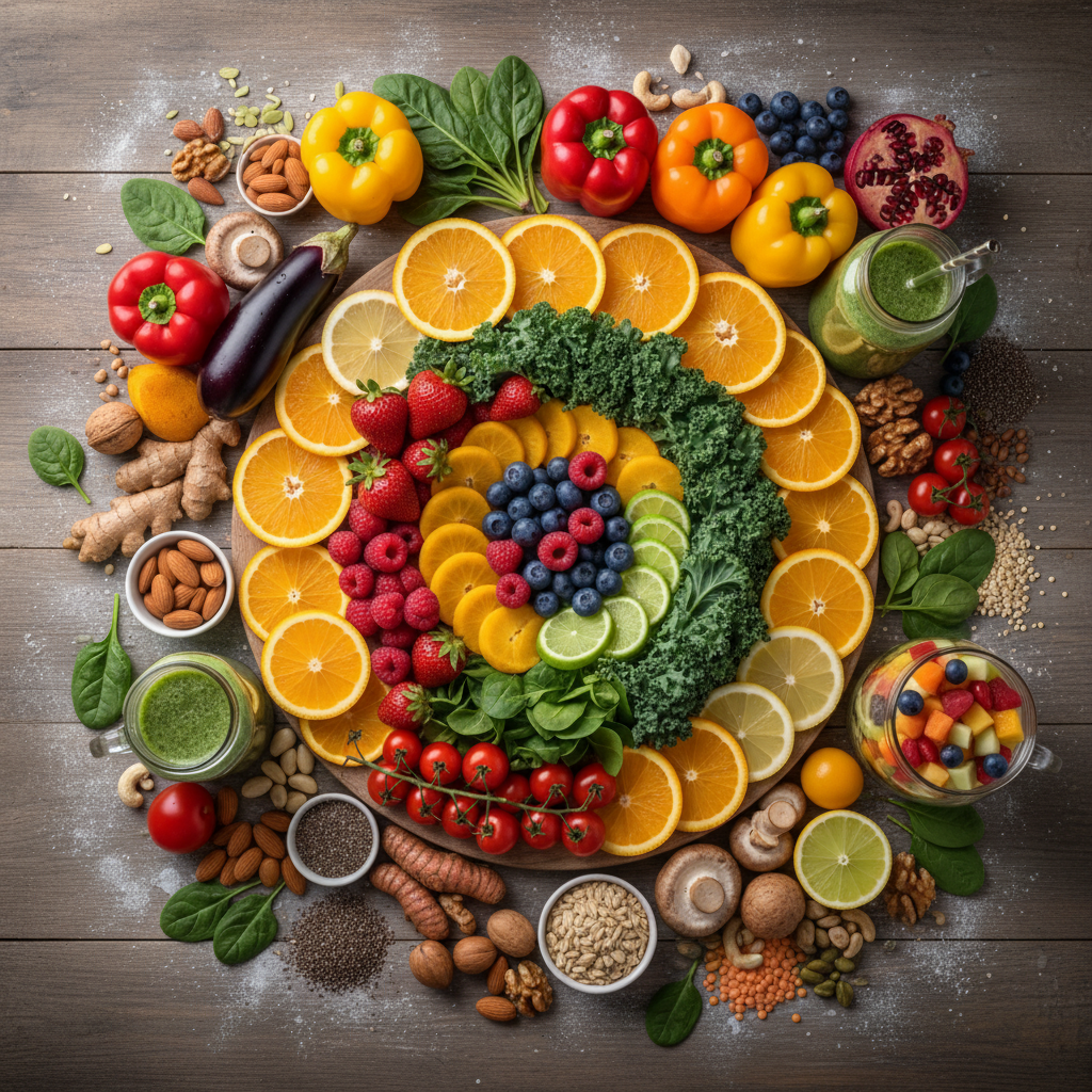 木製の背景にカラフルなフルーツ、野菜、ナッツ、シード、スムージーが美しく配置された画像。健康的な食生活やライフスタイルを連想させる。