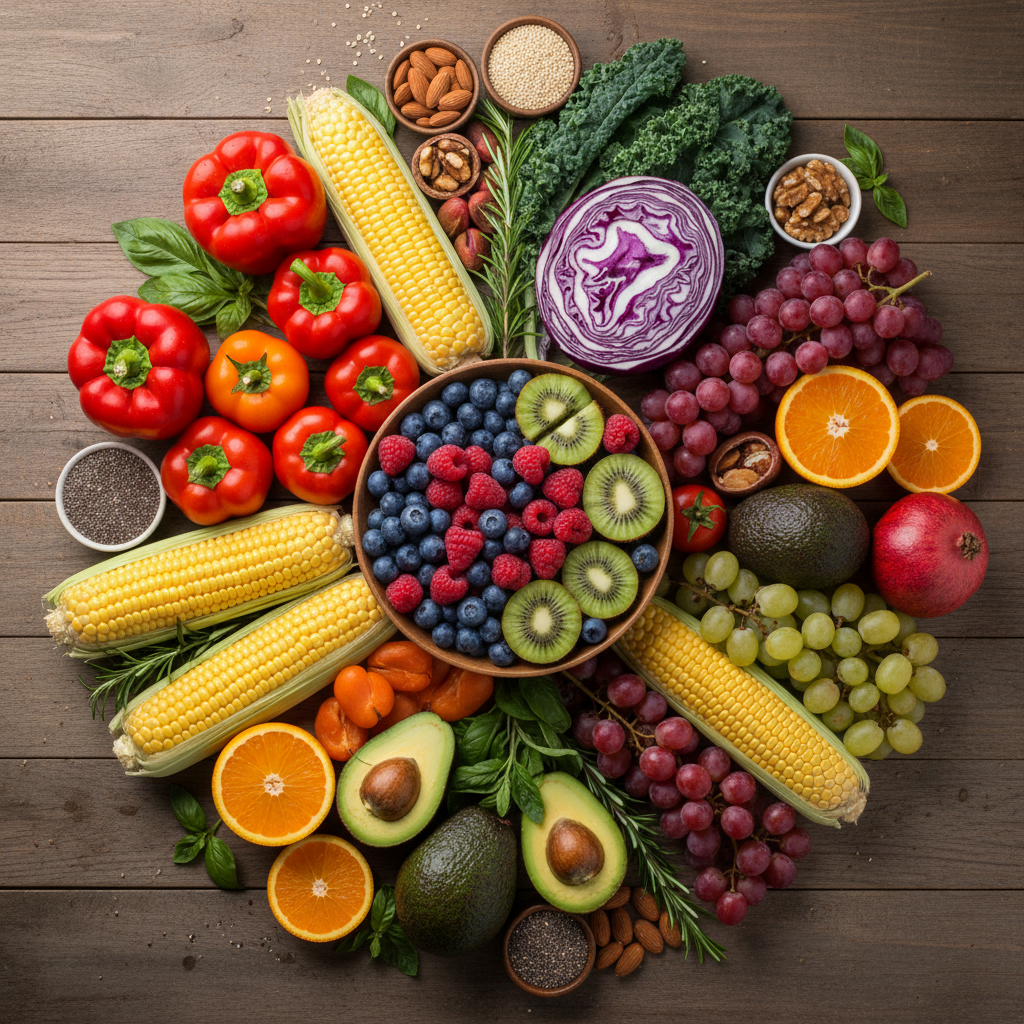 木製の背景に、彩り豊かな野菜、果物、ナッツなどが円形に配置されたイメージ写真。健康的な食生活や食卓のイメージを表現している。