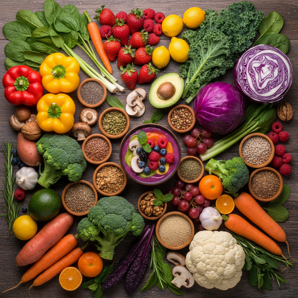 様々な種類の新鮮な果物、野菜、ナッツ、シードが木製の背景に美しく配置された、健康的な食事を連想させる画像です。